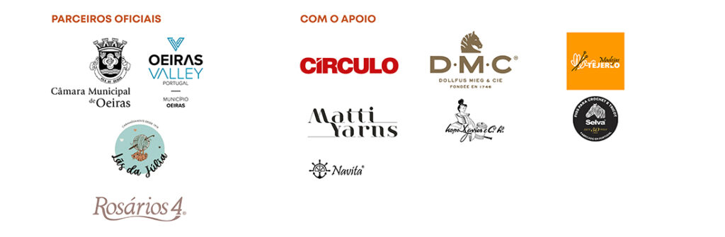 Parceiros oficiais e apoios do Festival Tresmalhadas, incluindo Câmara Municipal de Oeiras, Oeiras Valley, Lãs da Júlia, Rosários4, Círculo, DMC, Matti Yarns e Navita